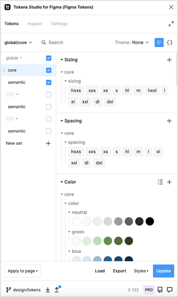 Design tokens structure showing three-tier organization